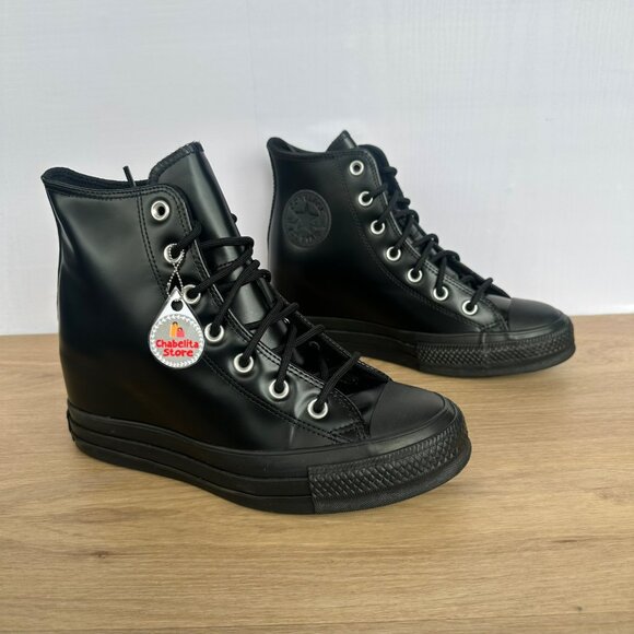 ✨Converse Chuck Taylor Wedge Platform Leather Sz 7.5 Women's Shoes Black A12827C - Picture 2 of 9